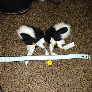 Black White Cat Ears + Baby Blue Collar (with bell!)